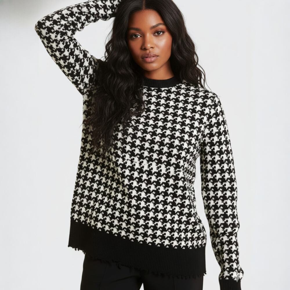 Michael Kors Collection Cashmere Houndstooth Sweater Black White Size Large